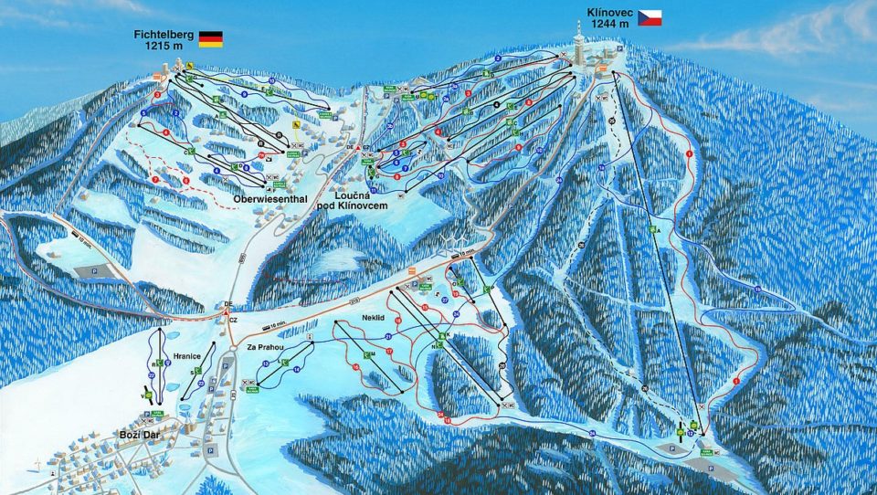 die Übersichtskarte zeigt die Skilifte und Bergbahnen der Skiregion Fichtelberg - Klinovec