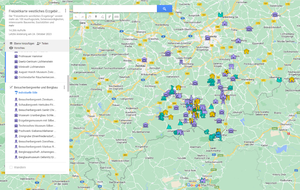 Das Bild zeigt unsere interaktive Karte bei Google Maps mit mehr als 100 Ausflugszielen im westlichen Erzgebirge.